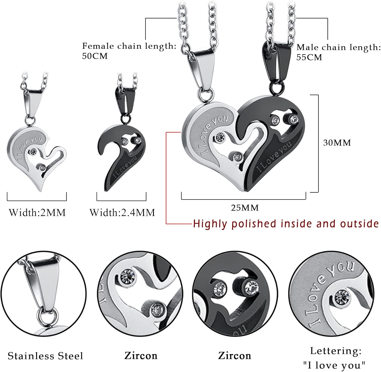 Cupimatch 4pcs His Queen Her King Couple Braided Rope Bracelet I Love You Rhinestone Heart Puzzle Matching Pendant Necklace His and Hers Jewelry Set