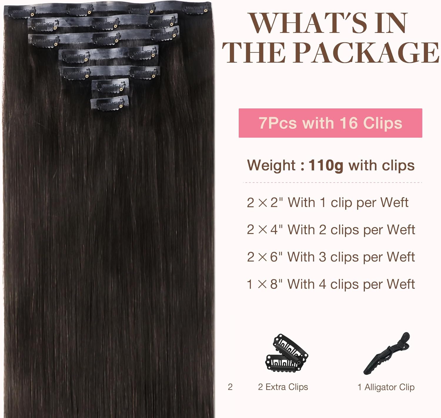 GOO GOO Seamless Clip in Human Hair Extensions, 16inch 110g 7pcs, Hair Extensions Clip in, 2 Dark Brown
