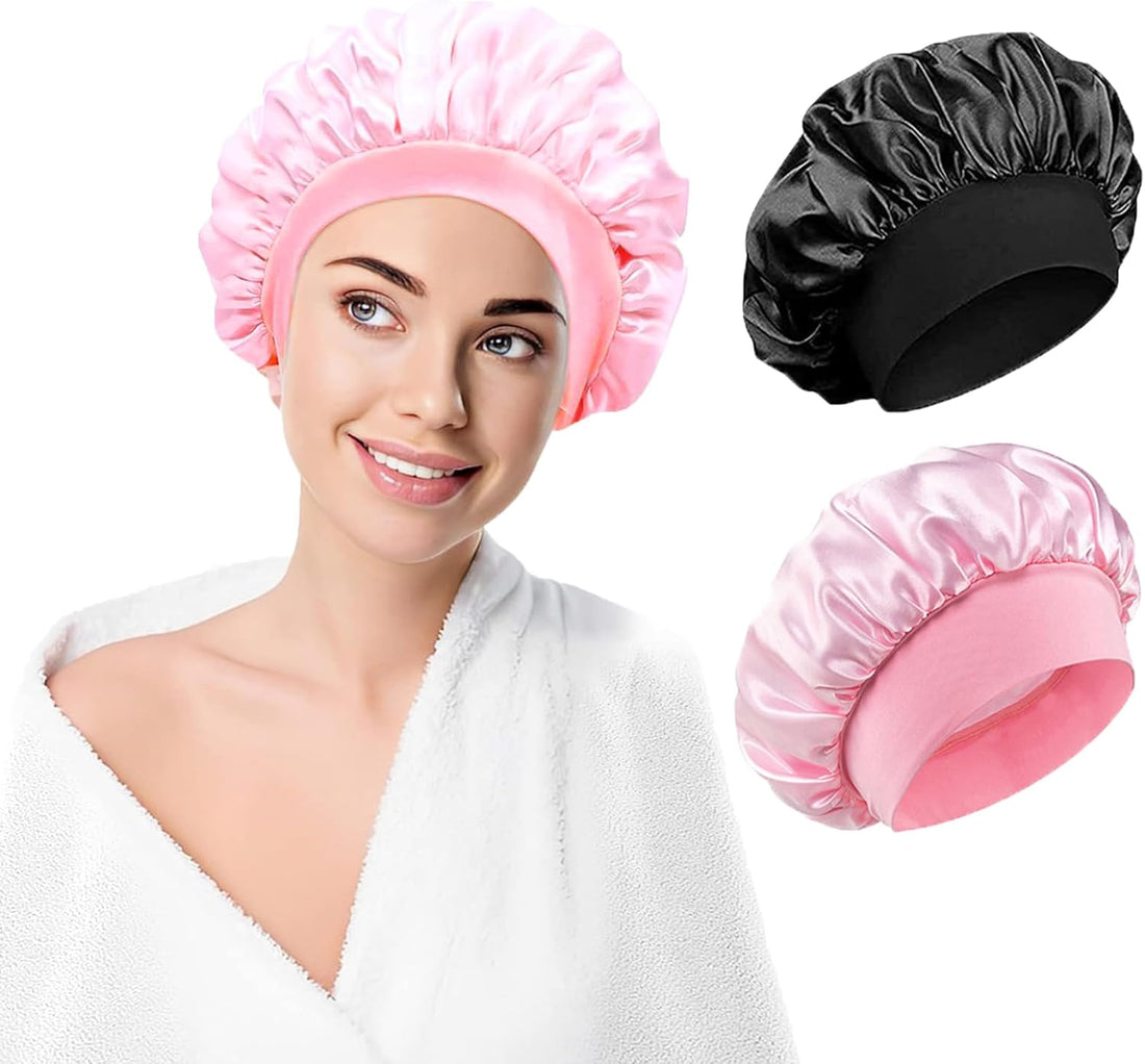 Hair Bonnet for Sleeping, Wide Elastic Band Satin Bonnet Shower Cap for Women Makeup Hair Care Elastic Hat Soft Sleep Cap Satin Head Cover for Night Sleep Curly Hair Protection(Black+Pink)