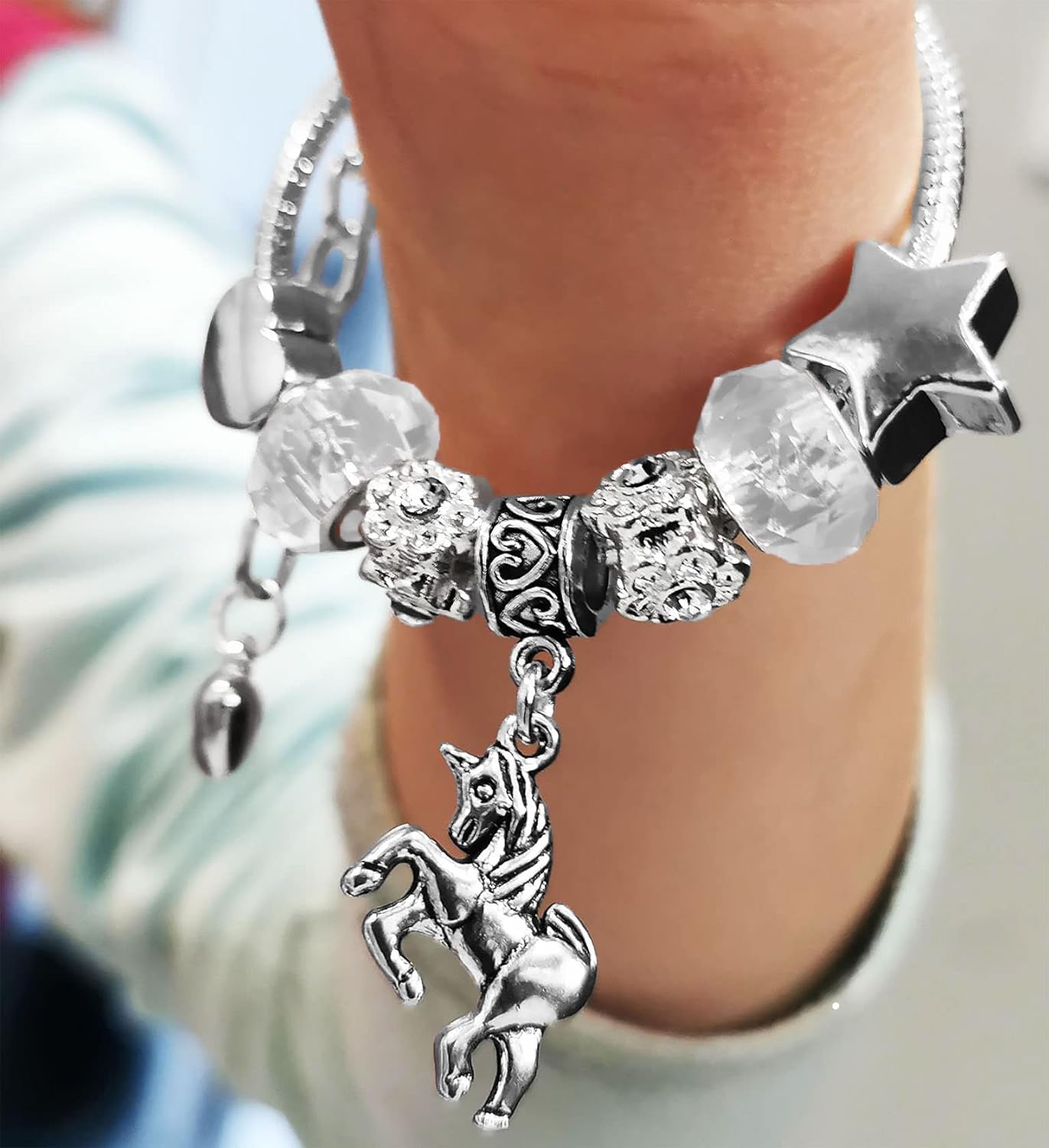 Girls Magical Unicorn Sparkly Crystal Silver Plated Adjustable Charm Bracelet with Gift Box Set Birthday Gifts for Girls Birthday Jewellery for Girls Kids Jewelry for Girls