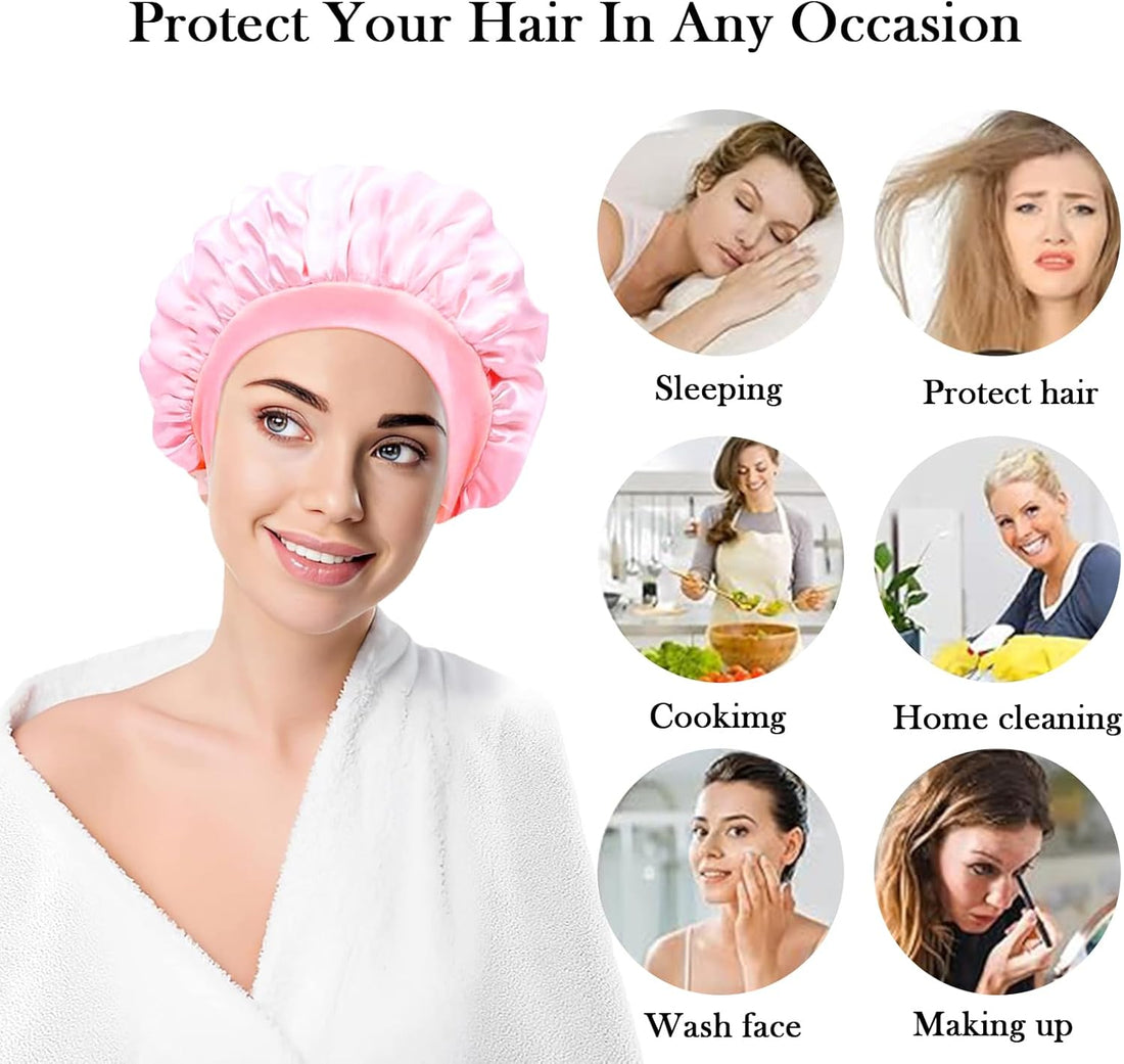 Hair Bonnet for Sleeping, Wide Elastic Band Satin Bonnet Shower Cap for Women Makeup Hair Care Elastic Hat Soft Sleep Cap Satin Head Cover for Night Sleep Curly Hair Protection(Black+Pink)