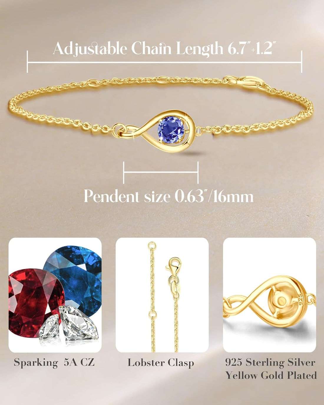 FANCIME Bracelet 925 Sterling Silver Yellow Gold Plated Infinity Birthstone Bracelets for Women Fine Jewellery Birthday Gifts for Her Mom Wife, Chain Length 6.7"+1.2" Extend