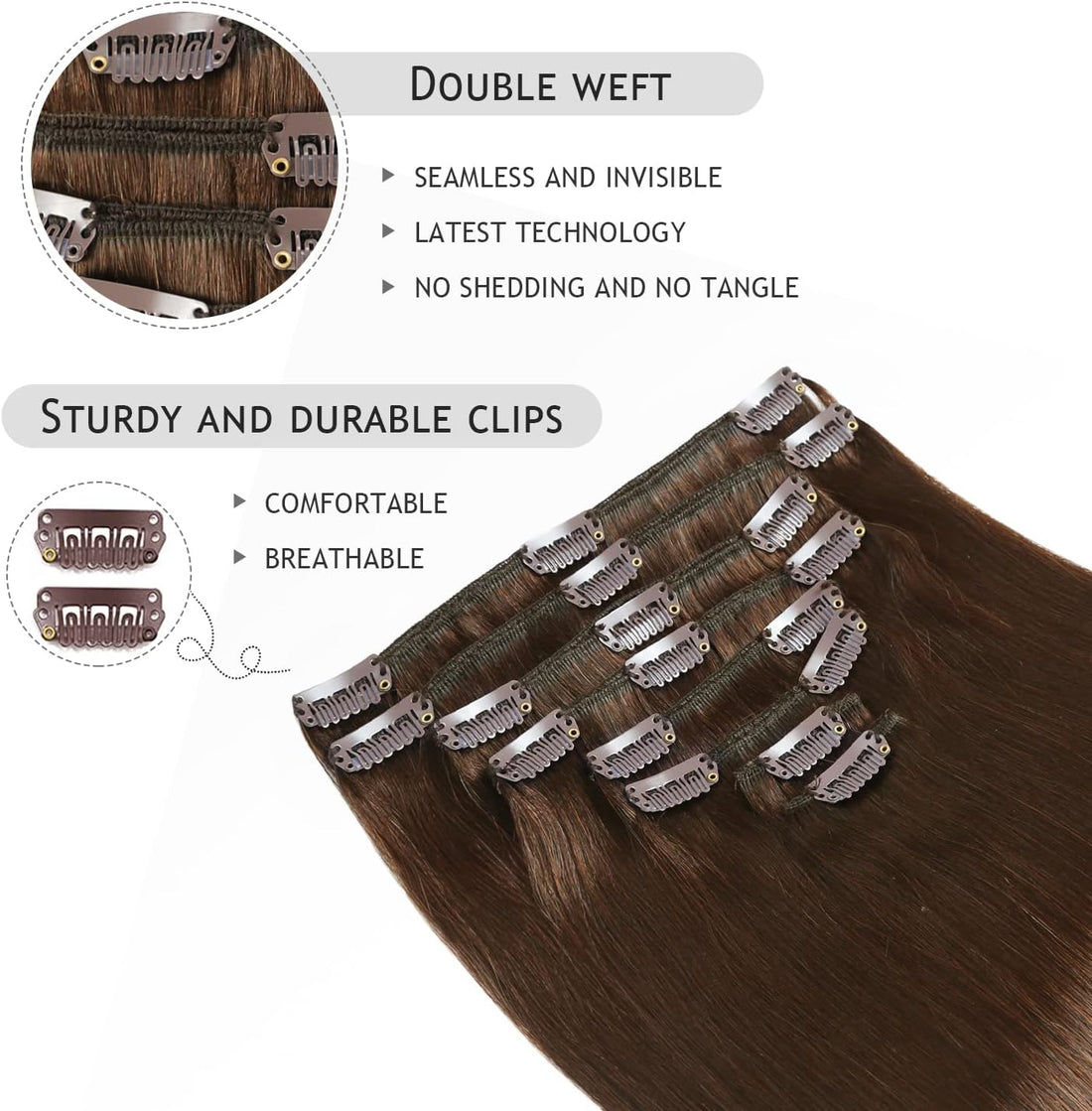 Yilite Clip in Real Human Hair Extensions - 20 Inch, 120g, 8pcs, Double Weft, Medium Brown
