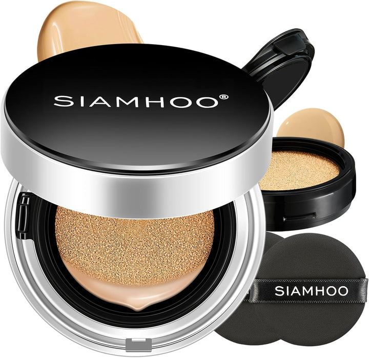 SIAMHOO Air Cushion CC Cream Foundation Full Coverage Makeup Sunscreen SPF50+ Lightweight Long-lasting Oil Control for All Skin Types, Refill Included, 15g*2 (Natural)