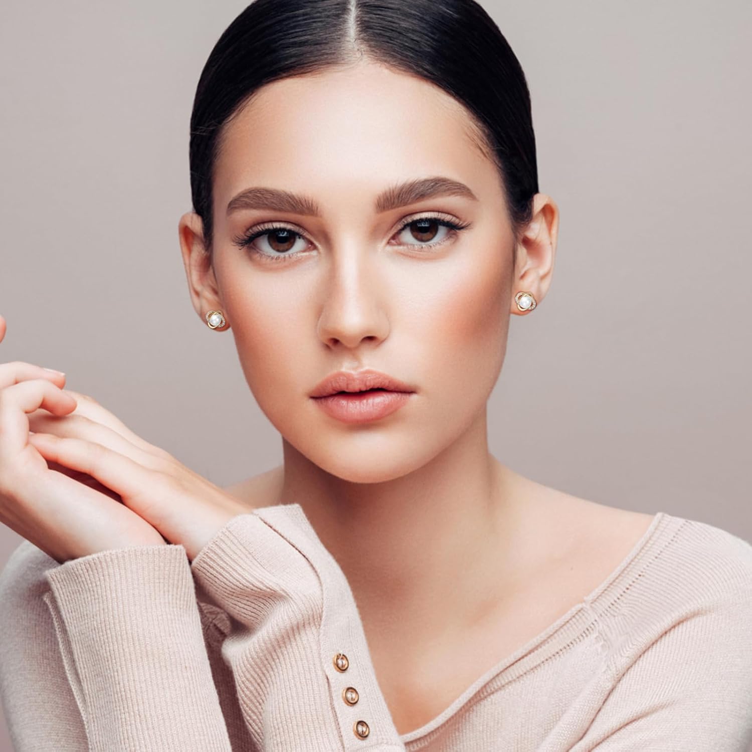 Weviway Gold Pearl Stud Earrings for Women, 925 Sterling Silver Stud Earrings with Cubic Zirconia, Handmade Pearl Jewellery for Gift