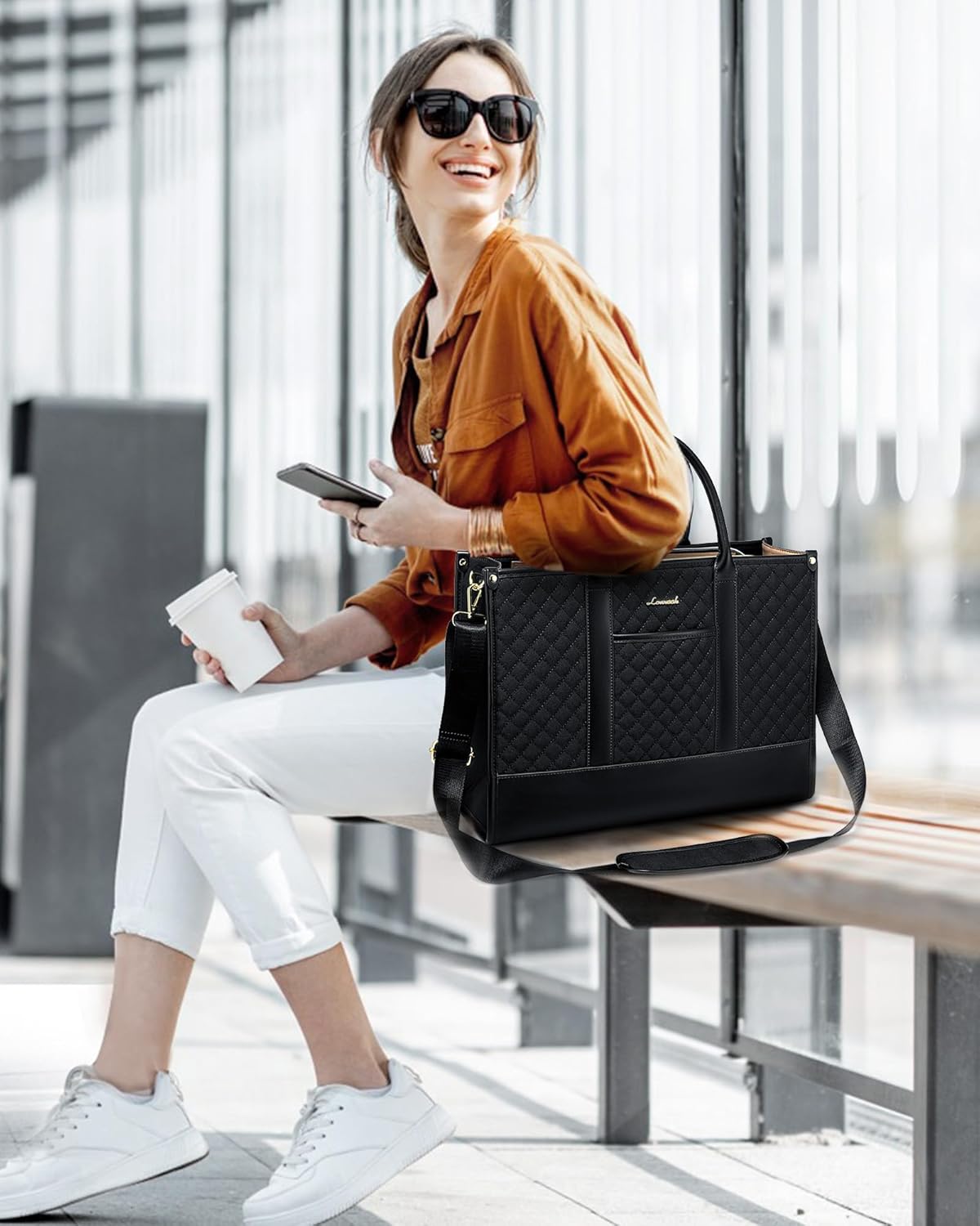 LOVEVOOK Handbags for Women Laptop Bags 17 Inch, Ladies Tote Bag for Work Office Business School, Large Womens Shoulder Bag with Adjustable Straps & Clutch Bag Lightweight, Black