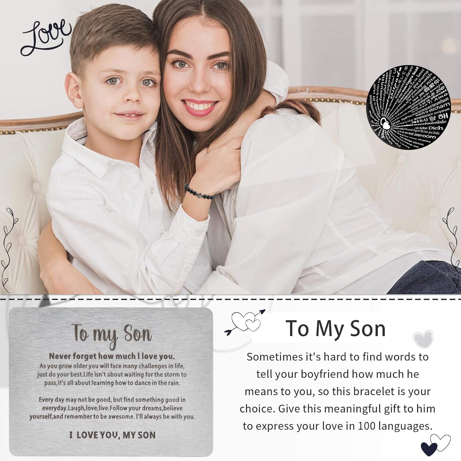 SUNSH Father's Day Gift, Dad Bracelet, Gift for Dad, Mens Bracelets,Father's Day/Thanksgiving/Birthday Gift, I Love You in 100 Languages Projected Stone Bracelet, Personalised Gifts