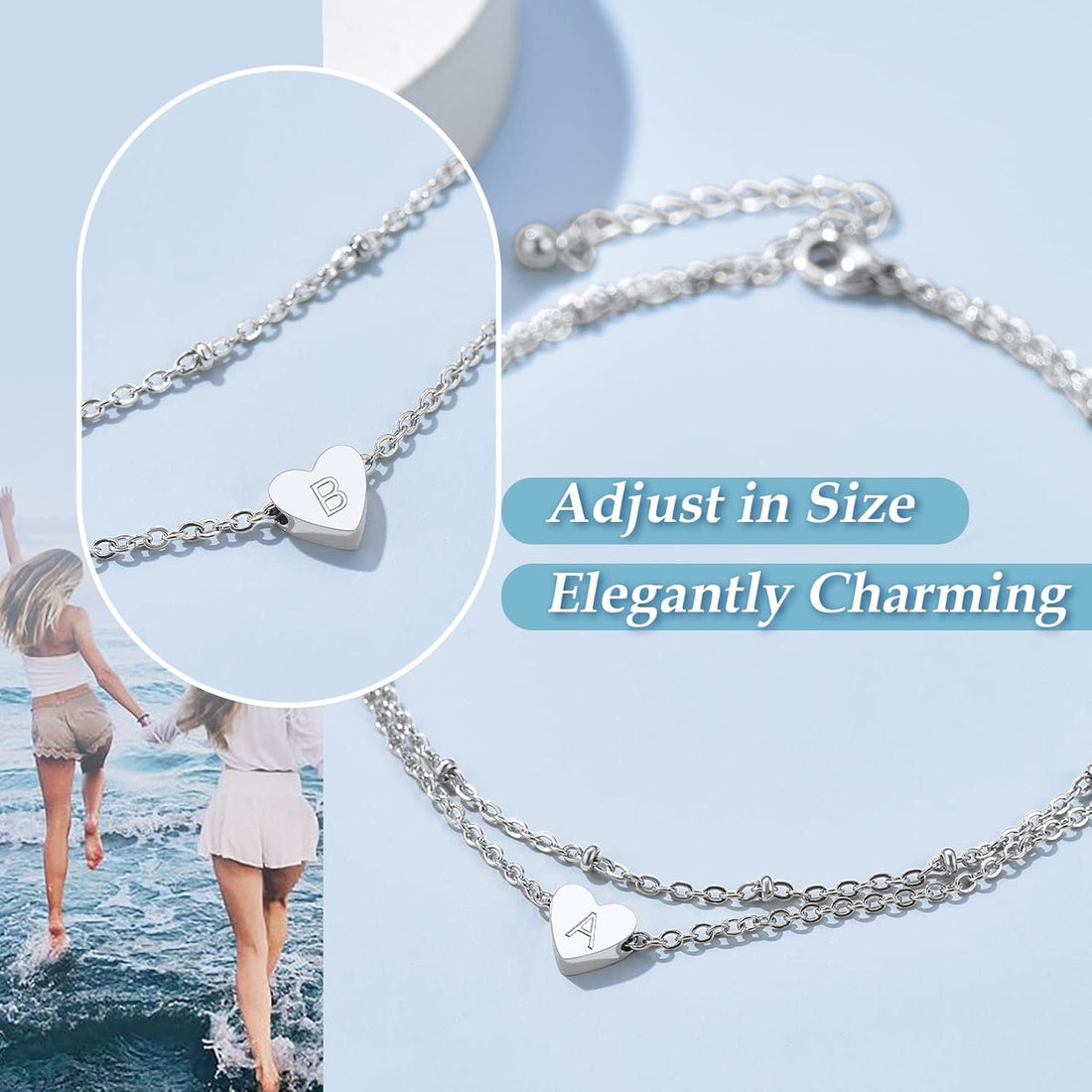 ChainsPro Women Initial Anklet, Heart Anklets for Women, A-Z Letter Ankle Bracelets Double-Layer, Adjustable Silver/Gold Plated Foot Chain Summer Beach