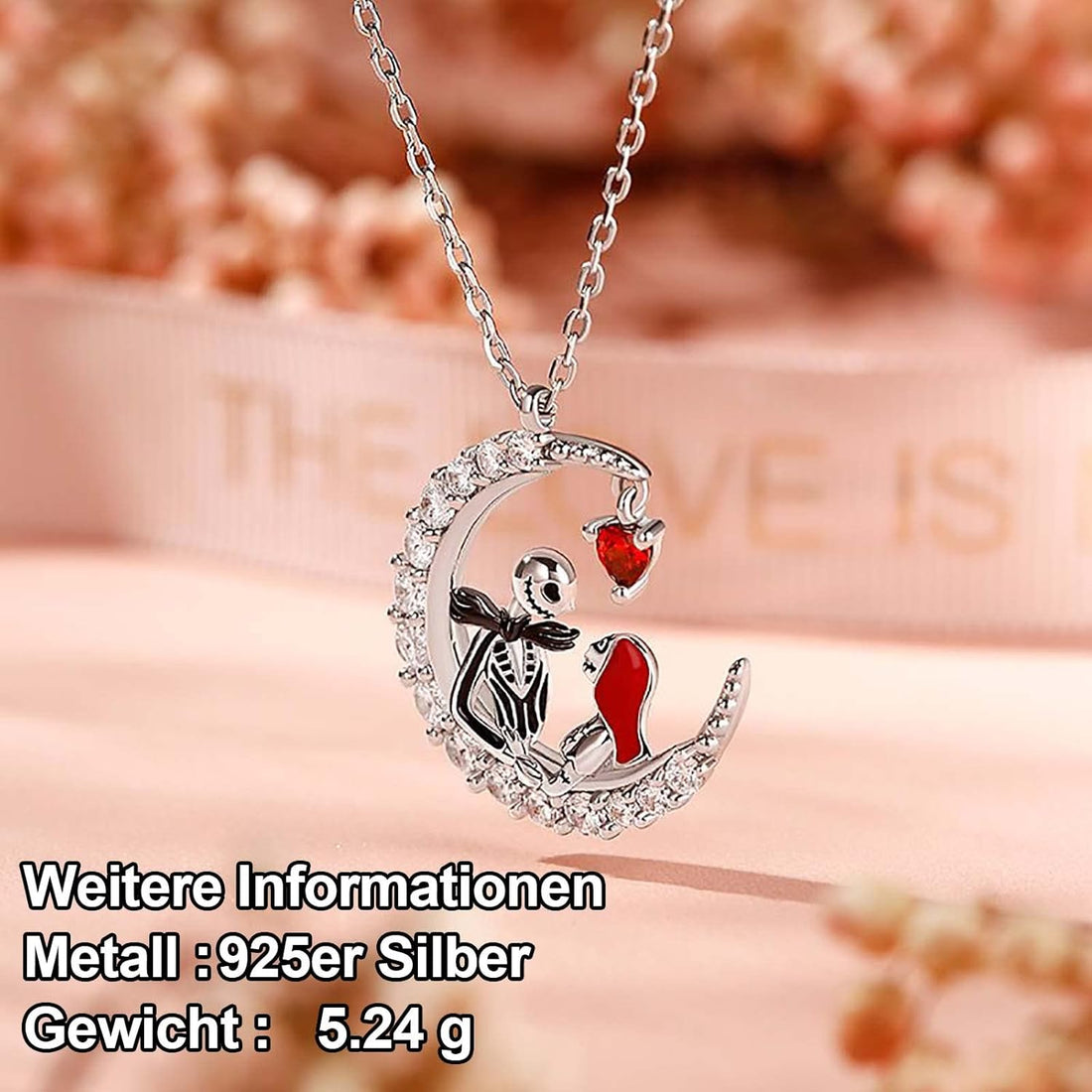 JeuliaJack and Skellington and Sally Necklace 925 Sterling Silver “ The nightmare before Chirstmas” Pendant NecklaceJack and Skellington Halloween Jewelry Romantic Jewelry Gift