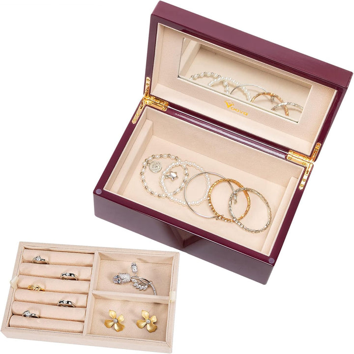 Voova Wooden Jewellery Box Organiser for Women Girls, Deluxe Piano Paint Jewelry Storage Case with Mirror, jewlerrying Display Holder with Removable Tray for Necklace Earring Rings, Gifts, Purple