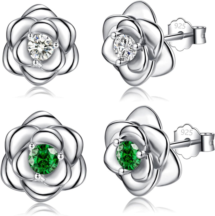 Sterling Silver Stud Earrings for Women, Silver Flower Cubic Zirconia Hypoallergenic Helix Cartilage Earrings Jewelry Gifts for Girls (Silver, Gold, Rose Gold)