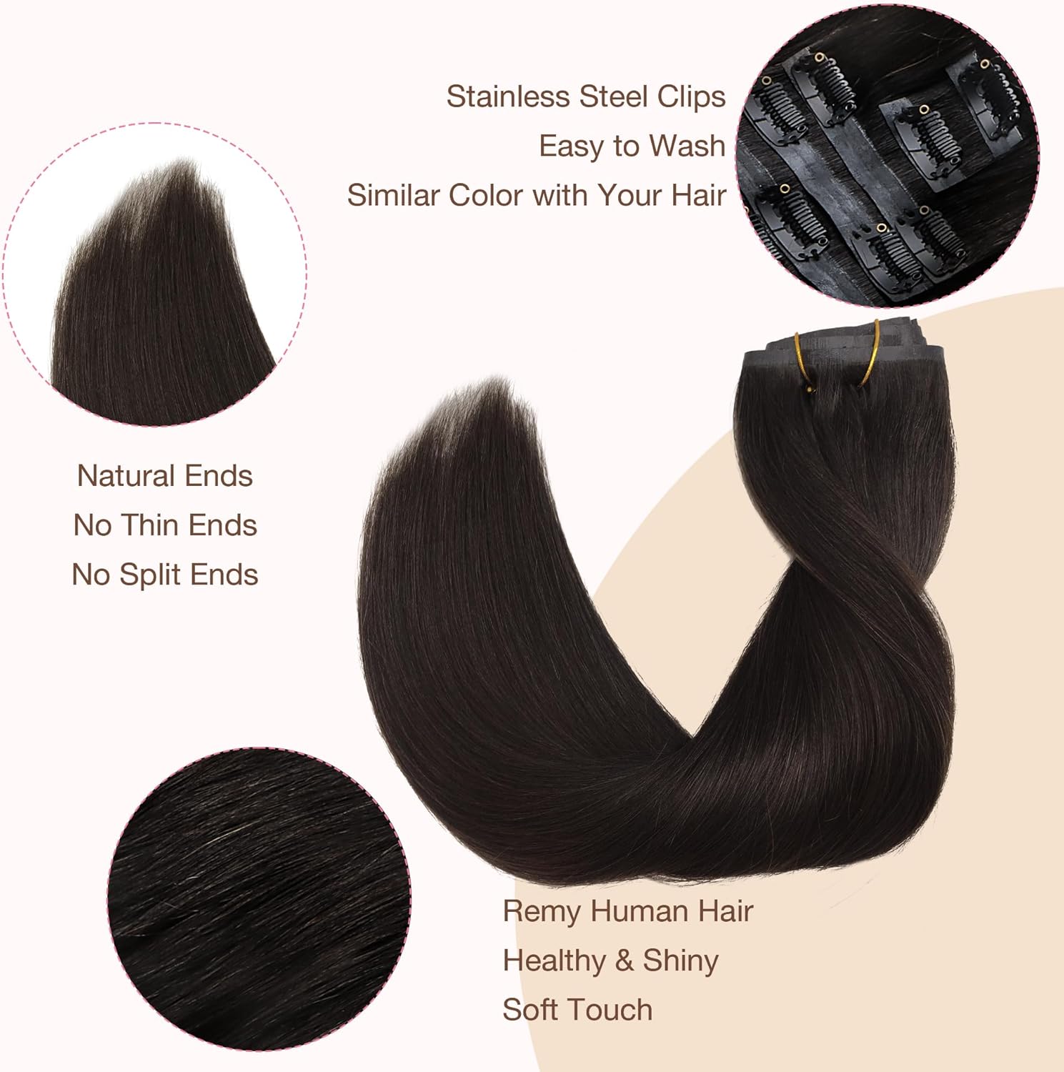 GOO GOO Seamless Clip in Human Hair Extensions, 16inch 110g 7pcs, Hair Extensions Clip in, 2 Dark Brown