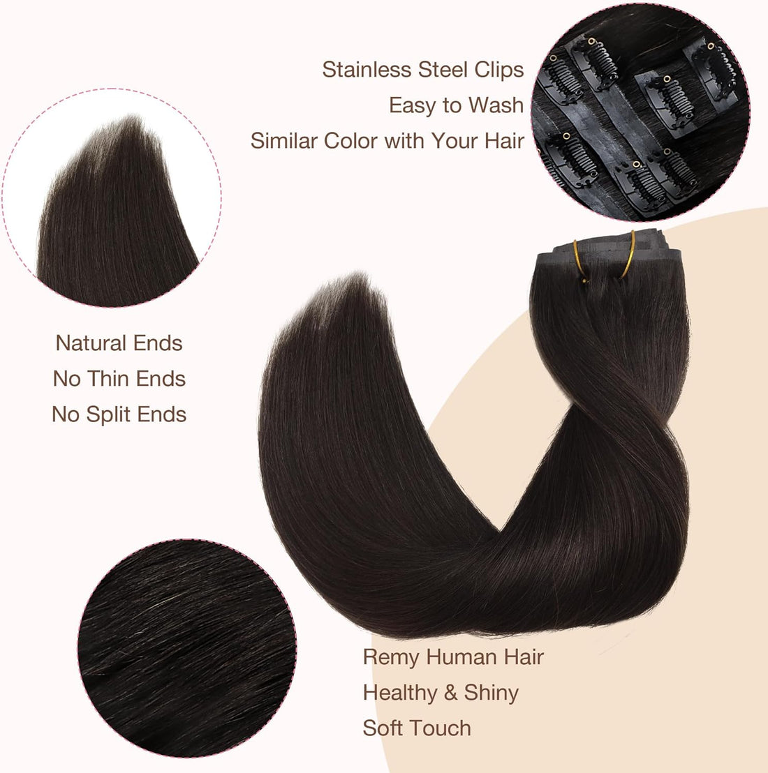 GOO GOO Seamless Clip in Human Hair Extensions, 16inch 110g 7pcs, Hair Extensions Clip in, 2 Dark Brown