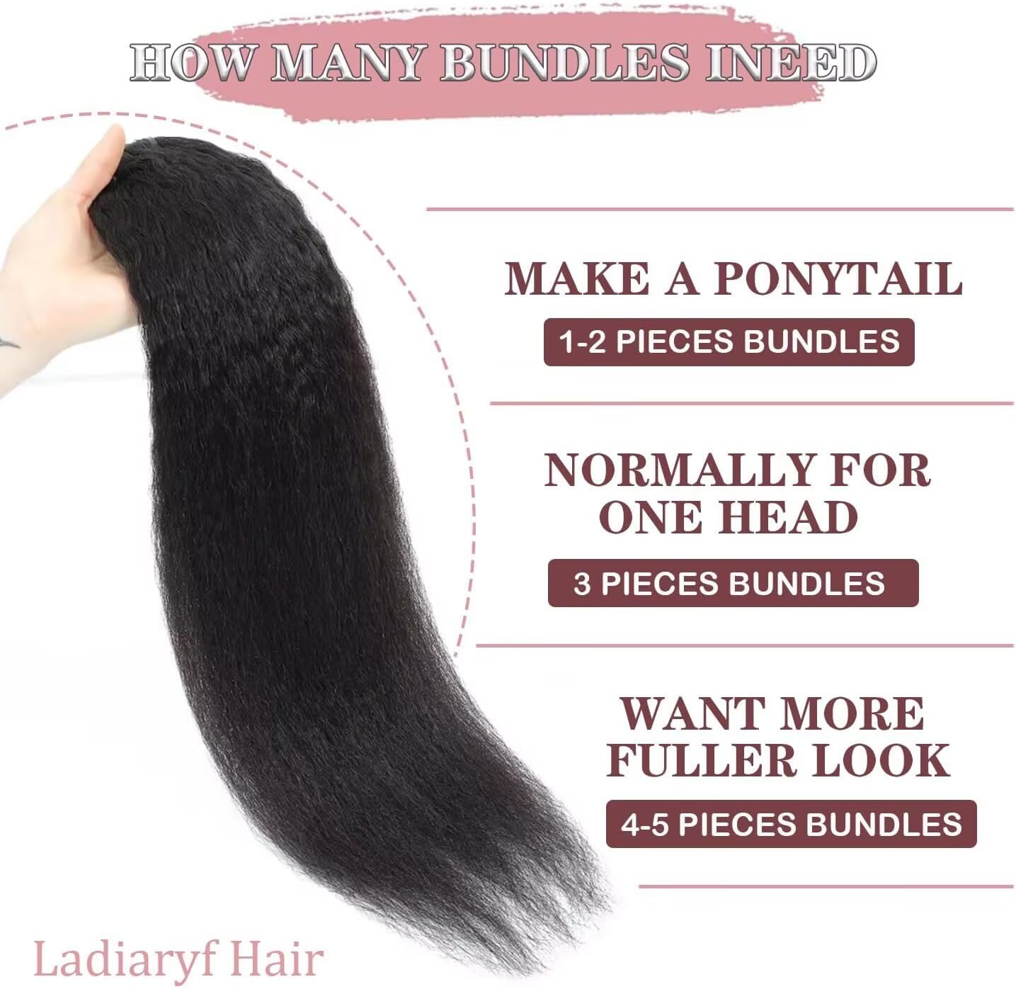 Ladiaryf Yaki Straight Bundles Human Hair Bundles 16 18 20 inch Kinky Straight Hair 3 Bundle 10A Brazilian Kinky Straight Human Hair Weave For Black Women Natural Color
