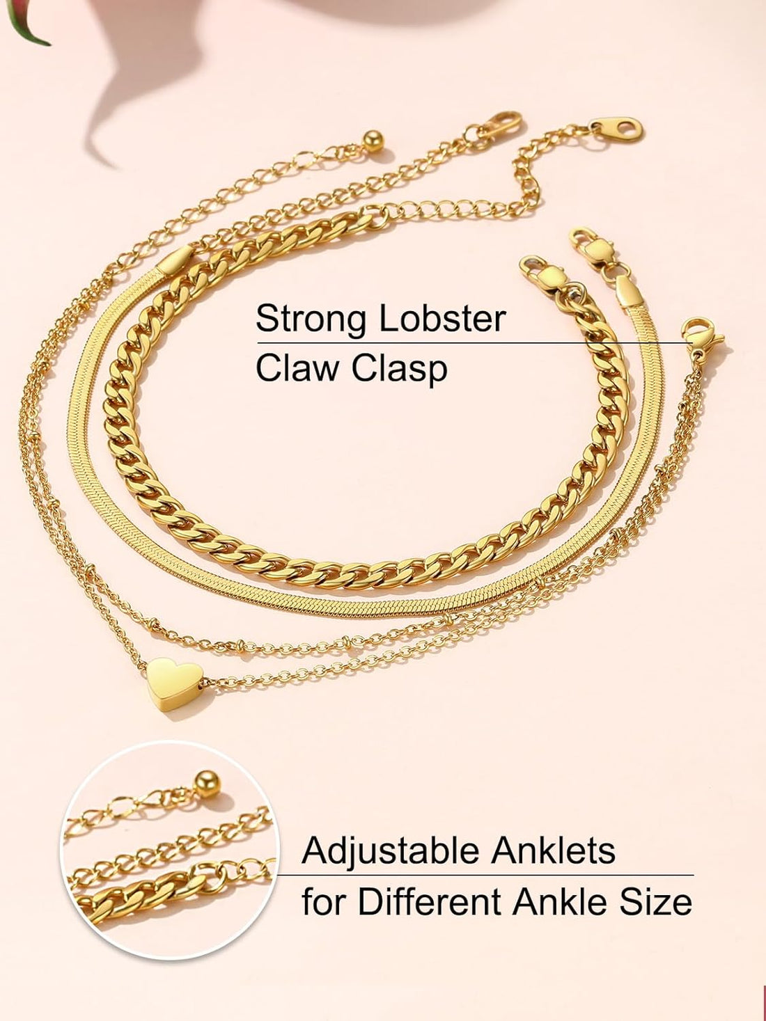 FOCALOOK Adjustable Layered Anklets for Women Summer Bracelets Waterproof Stainless Steel Ankle Bracelets Beach Foot Chains 8.5-10.5inch
