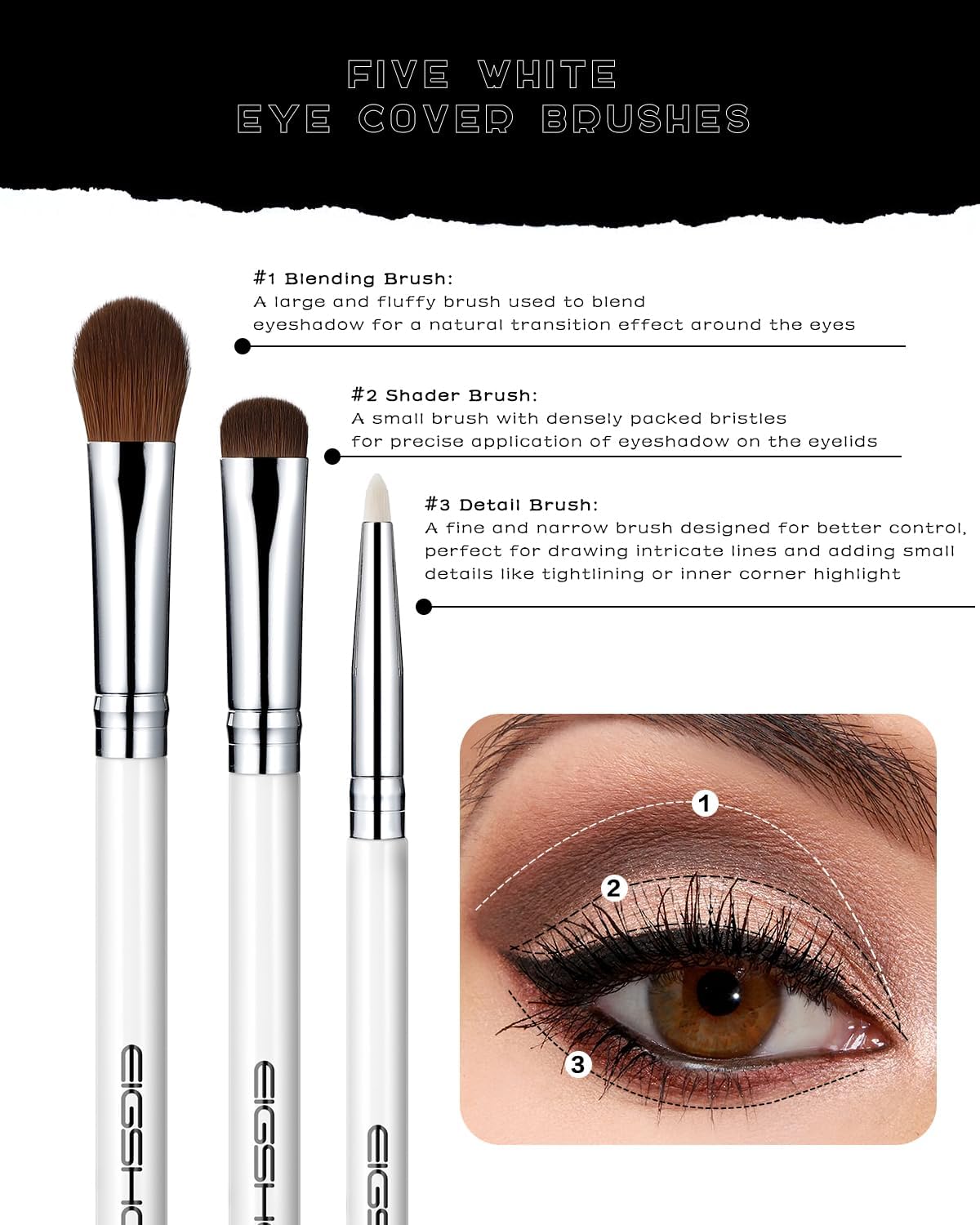 EIGSHOW 5 Pcs Eye Makeup Brush Set, Everyday Eye Essential Makeup Brushes with Blending, Eyeshadow, Detail, Eyeliner, Eyebrow Brushes(White)