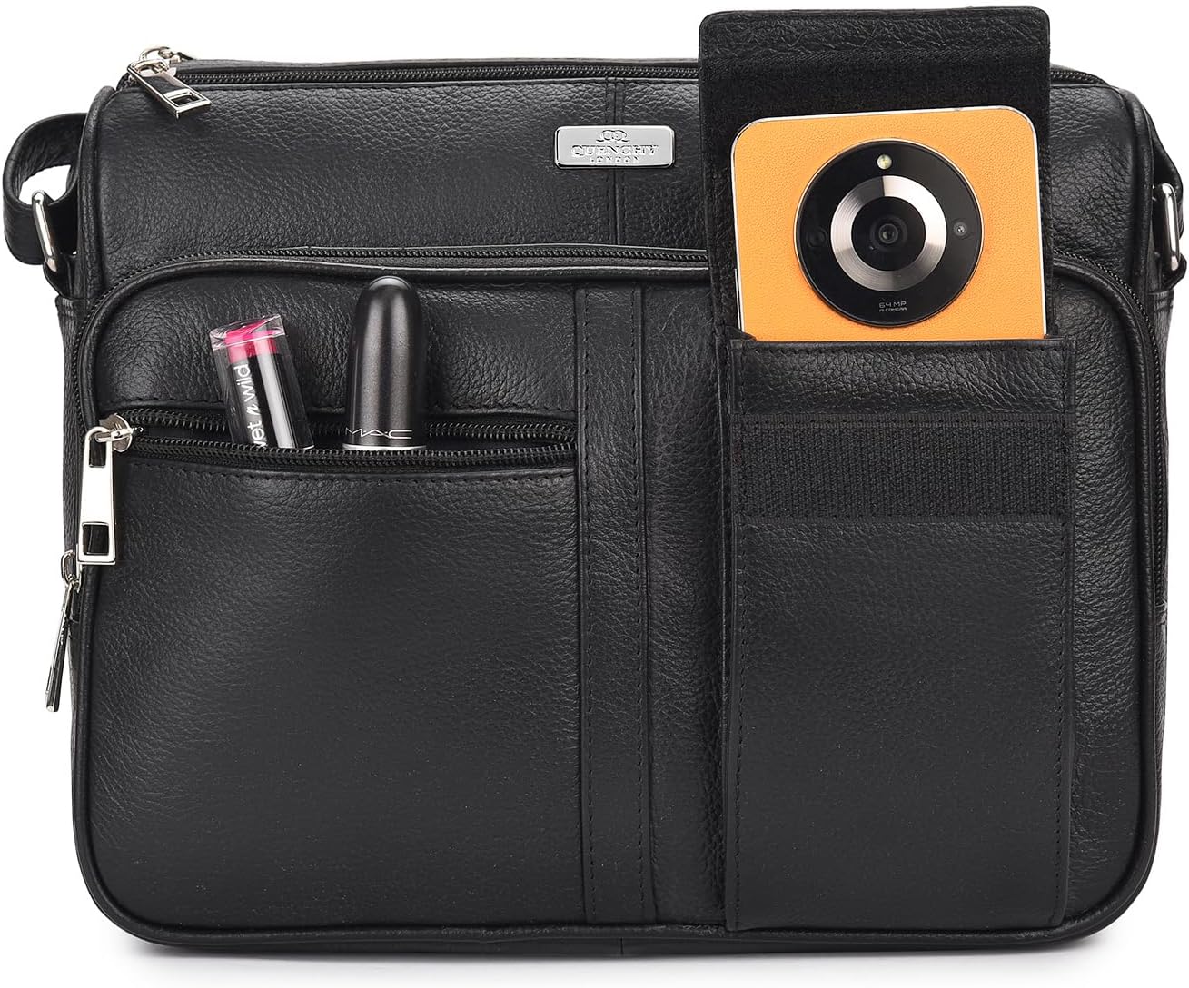 Quenchy London Ladies Real Leather Handbag - Cross Body Shoulder Hand Bag with 6 Pockets – Large Phone Holder – Single Adjustable Across Chest Strap - Designer Satchel Side Style - QL189M