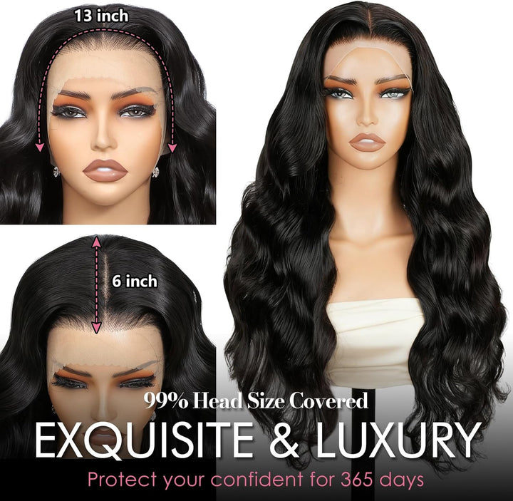 13x6 HD Lace Front Wigs Human Hair Wig, Body Wave Human Hair Wig For Black Women, Glueless Wig Pre Plucked With Baby Hair, Black Brazilian Real Hair Lace Frontal 28 Inch