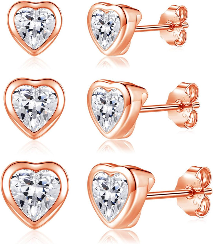 Silver Studs Earrings, 3 Pairs 925 Sterling Silver Halo Stud Earrings Set for Women Girls, Hypoallergenic Heart Round Star Stud Earrings with Zirconia, Fashion Small Cartilage Sleeper Earrings