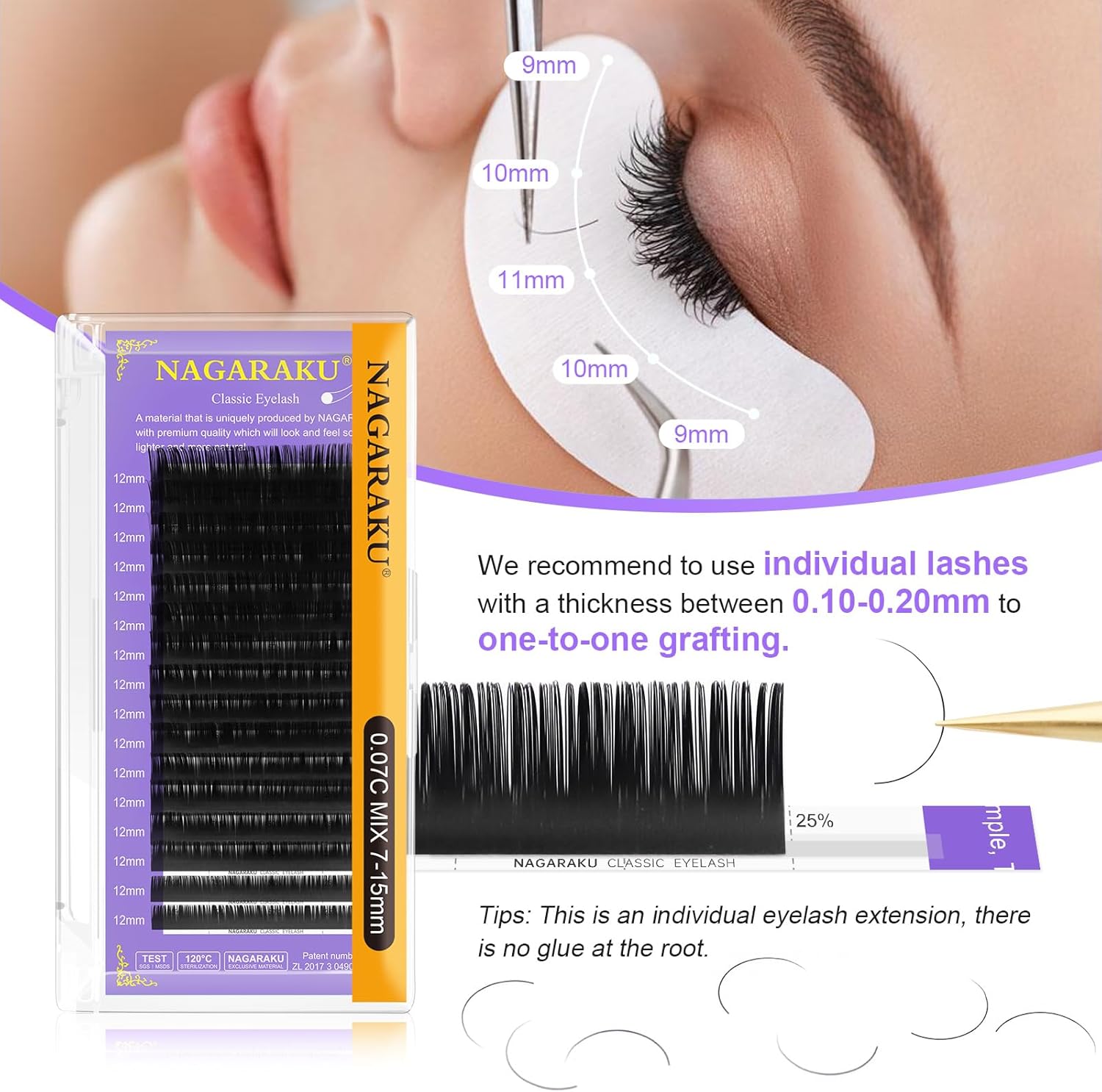 NAGARAKU Extension Eyelash Supplies Classic 1:1 Lashes Individual Volume Lash Extensions Soft Single Eyelashes Natural Semi Permanent Eyelashes Matte Black 16 Rows (0.03mm D Curl 8mm)