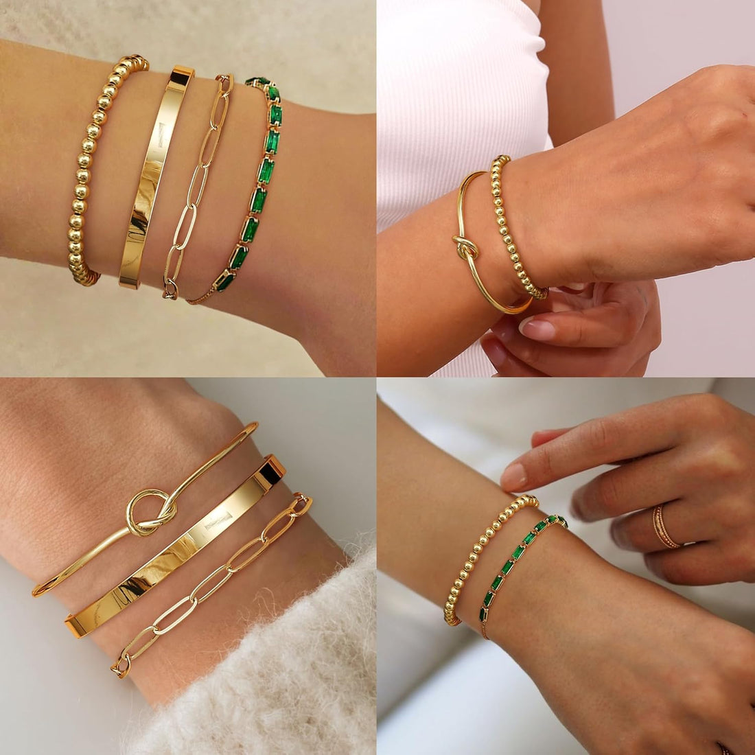 LOLIAS 5 Pcs Gold Bracelets for Women 14k Real Gold Bangle Cuff Bracelet Set Hypoallergenic Gold Beaded Paperclip CZ Tennis Cuban Chain Bracelet Stacking Bracelets Gold Jewellery for Women