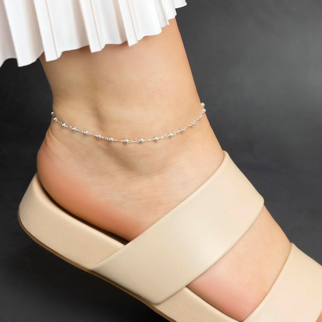 Amberta Italian Sterling Silver Anklet for Women 925 | Adjustable Ankle Bracelets for Women Beaded Heart Summer Jewellery