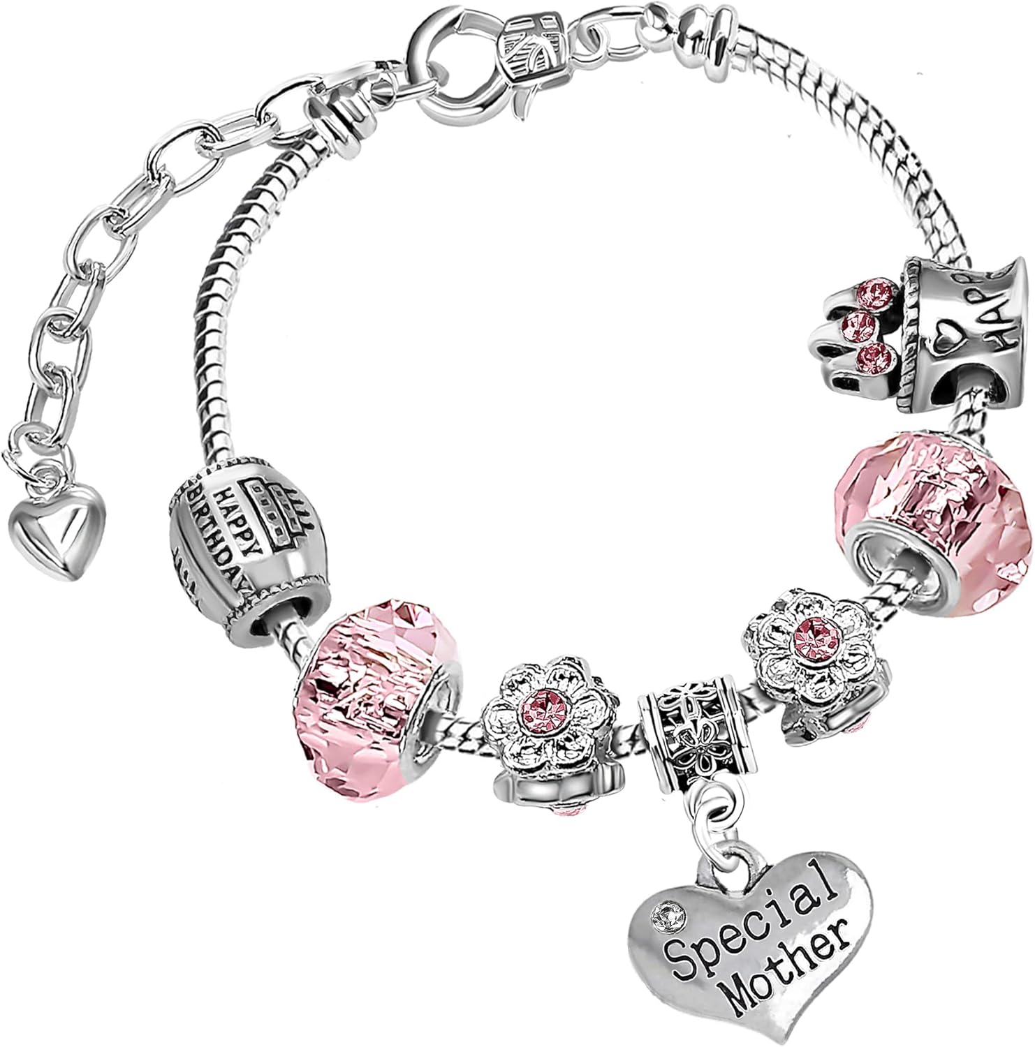 Ladies Personalised Sparkly Pink Crystal Adjustable Birthday Charm Bracelet with Gift Box for Women Birthday Gifts for Her Mum Daughter Sister Auntie Granddaughter Niece Best Friend