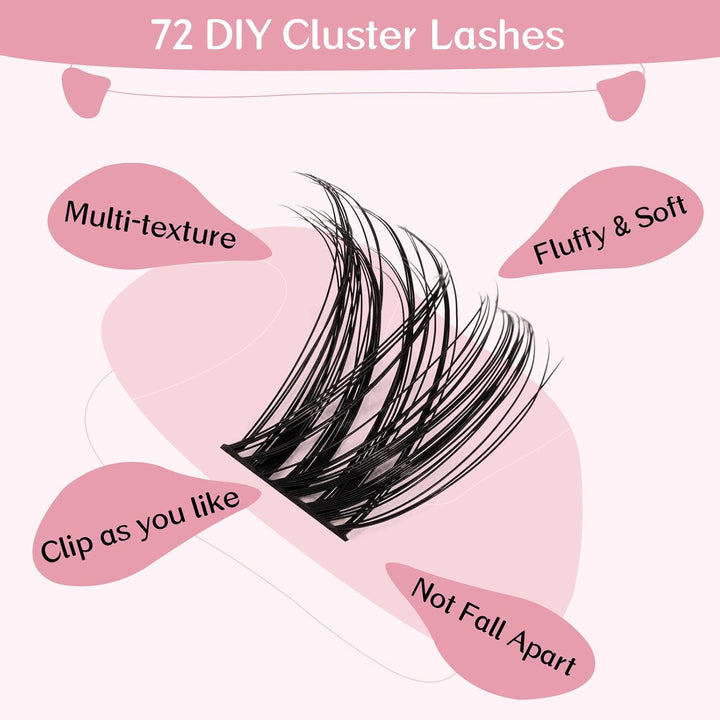 Cluster Lashes 72 Pcs Lash Clusters DIY Eyelash Extension Individual Cluster Eyelashes Tender Style Self-Application Fluffy Super Thin Band Reusable Soft & Comfortable(Tender-D-8-16mix)