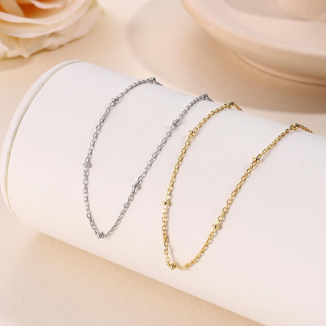 LOLIAS 925 Sterling Silver Necklaces for Women Girls Ladies 14K Gold Silver Necklace Chain Ball Bead Choker Necklace Gold Plated Necklace for Womens Teen Girlfriend Sister Friend Birthday