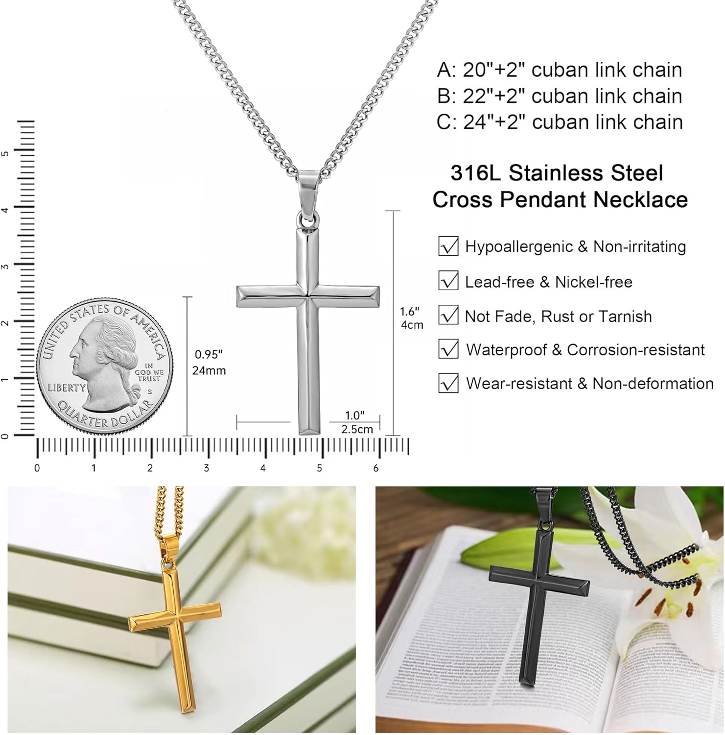 Cross Necklace for Men, Stainless Steel Men's Cross Necklace, Chain with Cross Pendant Silver Black Gold, Stylish Gift for Men Him