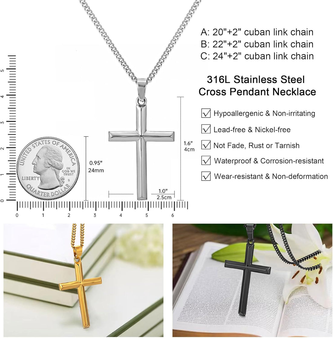 Cross Necklace for Men, Stainless Steel Men's Cross Necklace, Chain with Cross Pendant Silver Black Gold, Stylish Gift for Men Him