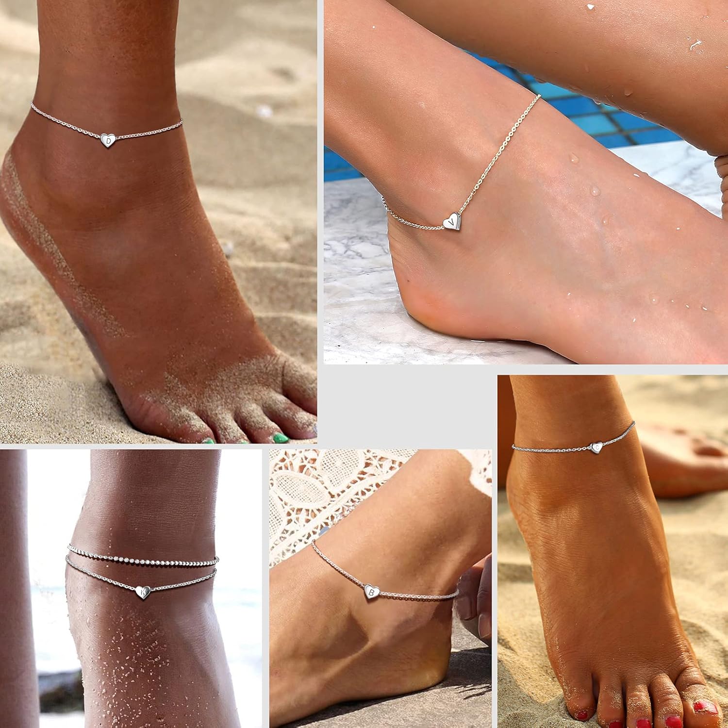PROSILVER Women Initial Anklet Sterling Silver Heart Ankle Bracelet A-Z Letter, Adjustable Foot Chain for Beach Summer with Gift Box