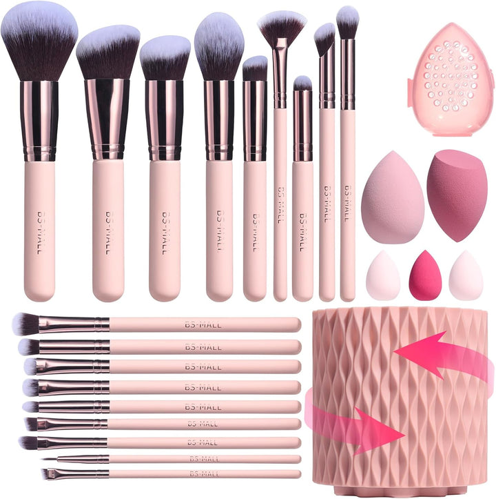 BS-MALL Makeup Brushes Premium Synthetic Foundation Powder Concealers Eye Shadows 18 Pcs Brush Set with 5 sponge & Holder Sponge Case (A-Pink)