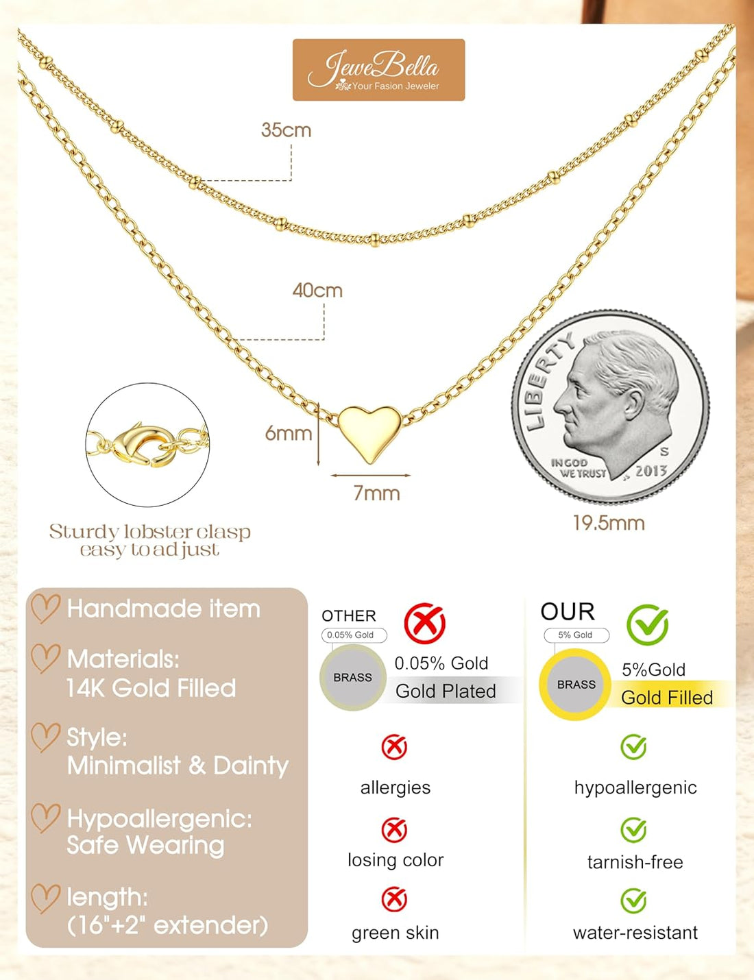 JeweBella Layered Silve Heart Necklace for Women 14K Gold Plated Dainty Heart Pendant Necklaces Chain Necklace for Women Girls Jewelry Gifts Gold/Silver 40+5CM