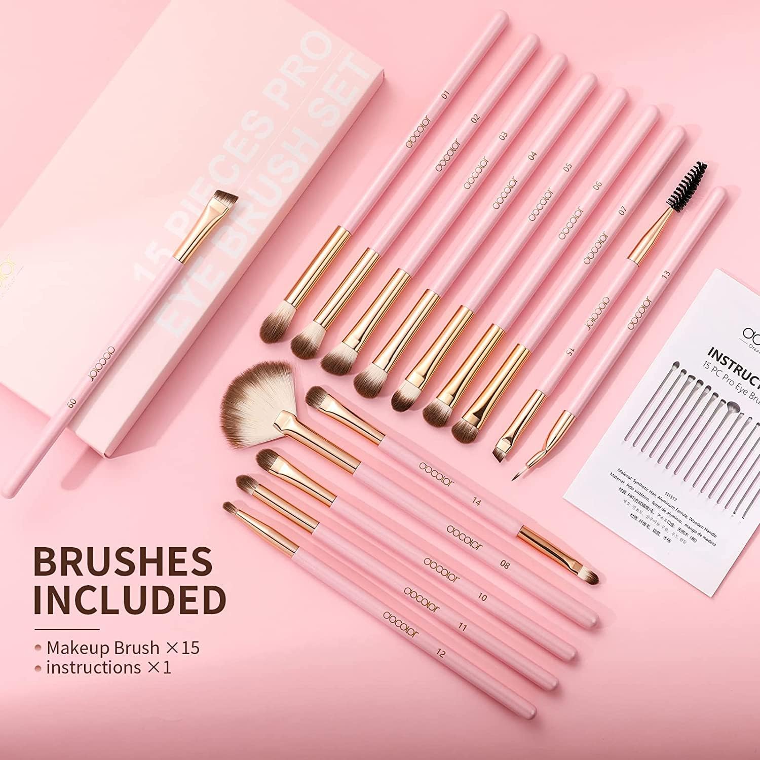 Docolor Eye Makeup Brushes 15Pcs Synthetic Eyeshadow Brush Eye Makeup Brush Set with Soft Hairs Professional Eye Shadow Blending Concealer Eyebrow Eye Liners Premium Eye Make Up Brushes Set(Pink)