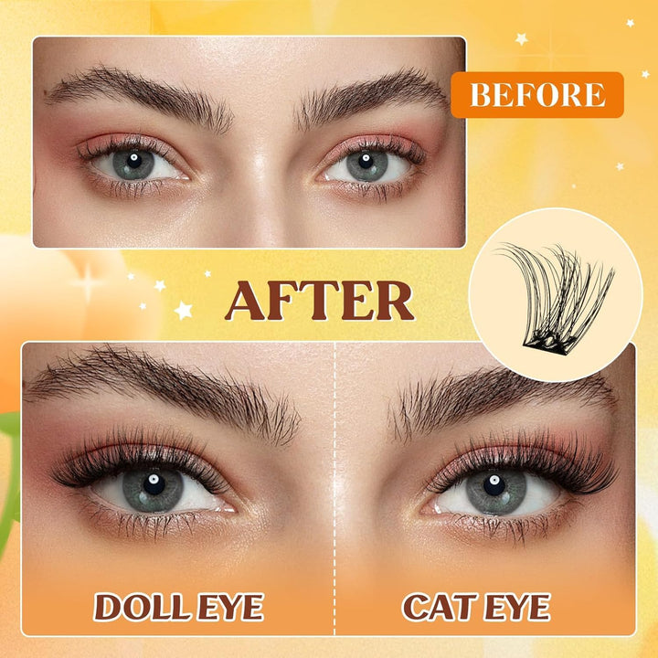 QUEWEL Pre Glued Eyelashes Natural Lash Clusters, C Curve Pre Glued Cluster Lashes, Strong Hold 10-16MM No Glue Needed Self Adhesive Eyelashes DIY at Home(MJ02-DH)