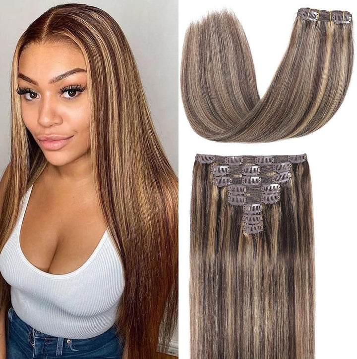 Clip in Hair Extensions Real Human Hair 8 Pieces Straight Real Remy Human Hair Full Head Human Hair Extensions Clip in Double Weft Real Remy Hair (#4/27 Medium Brown Mix Dark Blonde, 16 Inch)