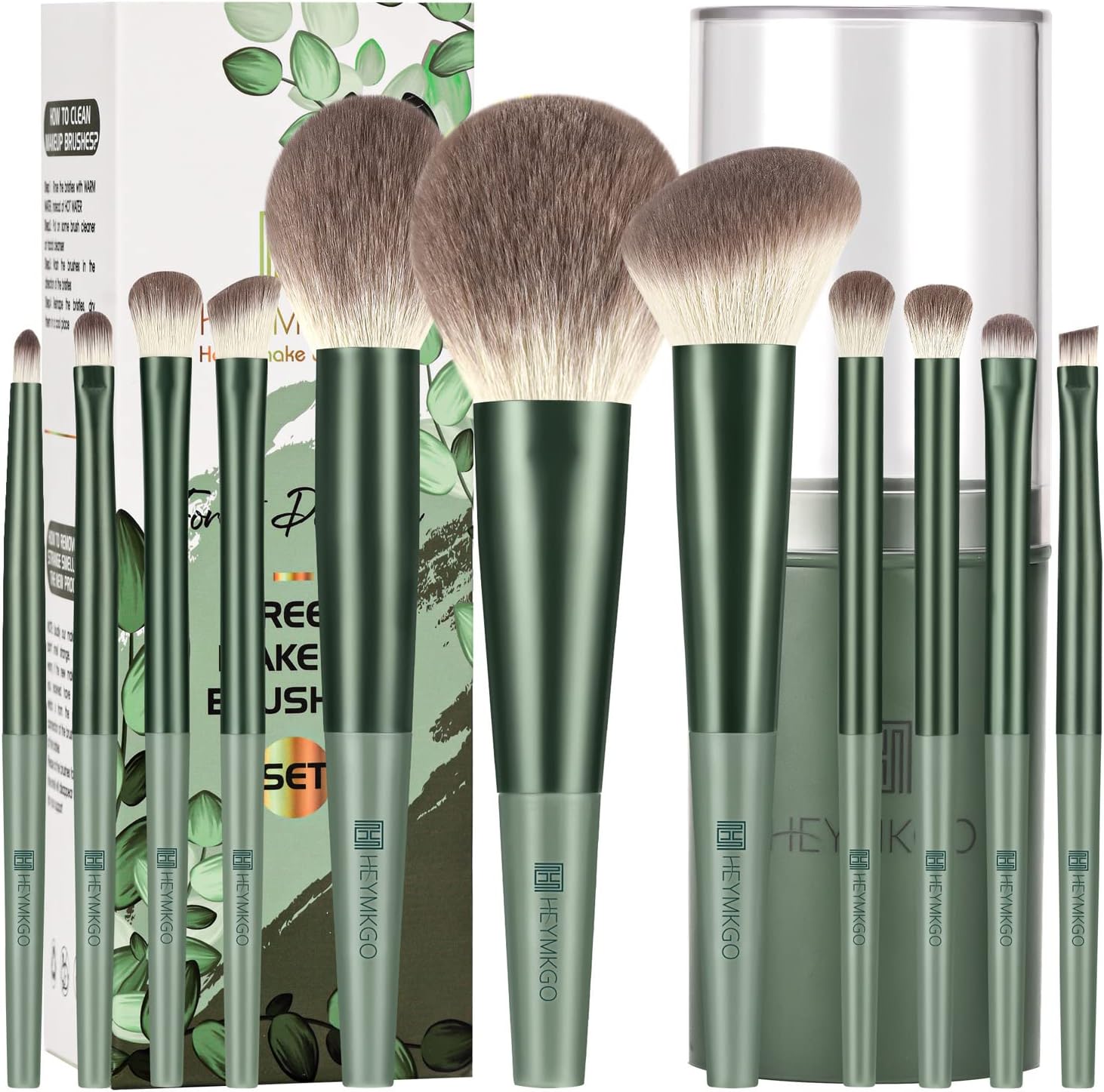 HEYMKGO Makeup Brushes 11pcs Premium Synthetic Bristles Green Color Kabuki Foundation Brush Face Lip Eye Makeup Brush Sets Professional with Gift Box