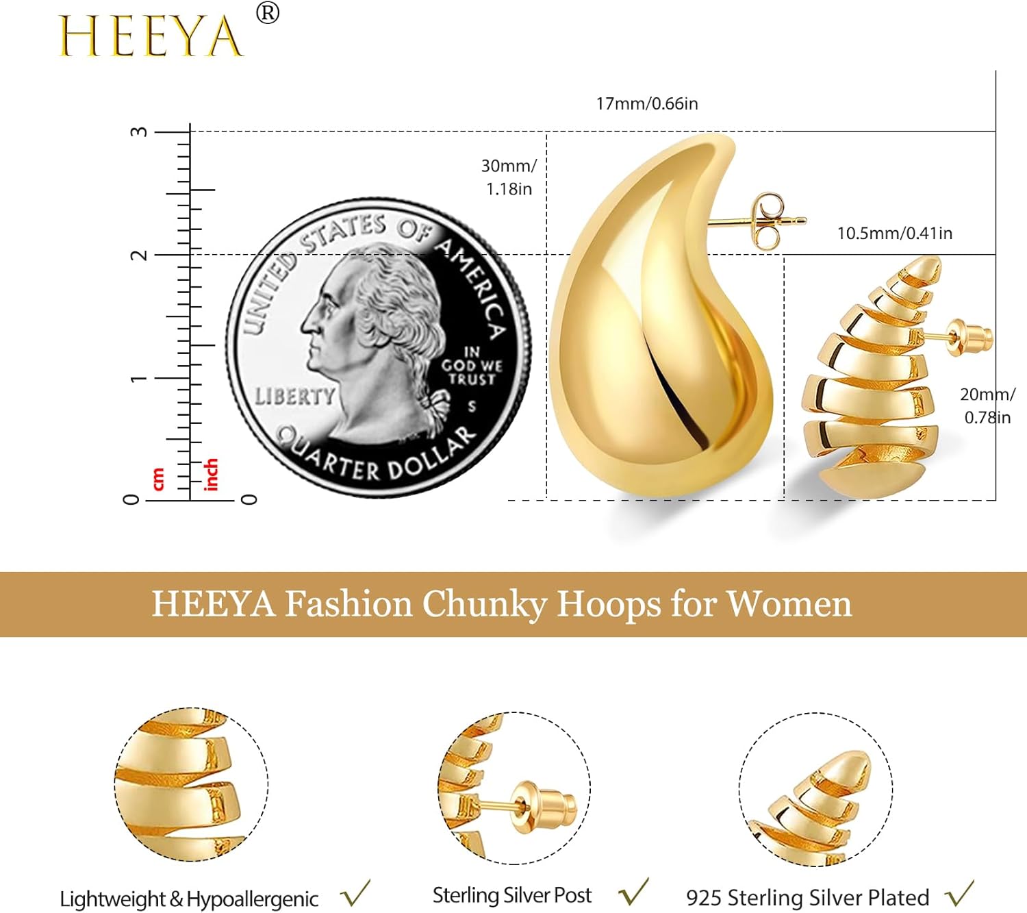 HEEYA Chunky Gold Hoop Earrings for Women Girls - 18K Gold/Sliver Plated Lightweight Hollow Open Teardrop Earrings Set - Hypoallergenic Gold Waterdrop Tear Drop Earrings Jewellery Gift for Women