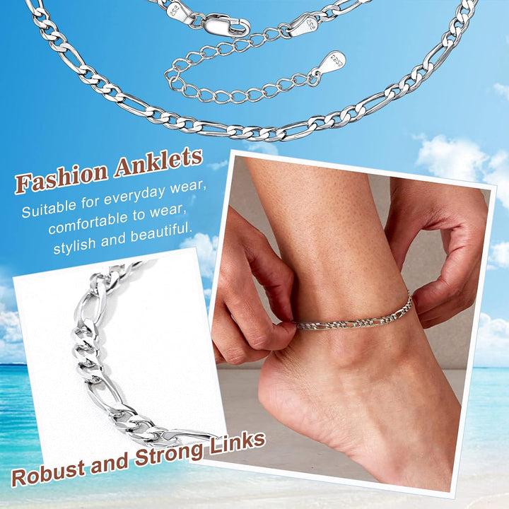 Ankle Bracelet Sterling Silver Figaro Anklet Chain for Women Teen Women Feet Sturdy Chains