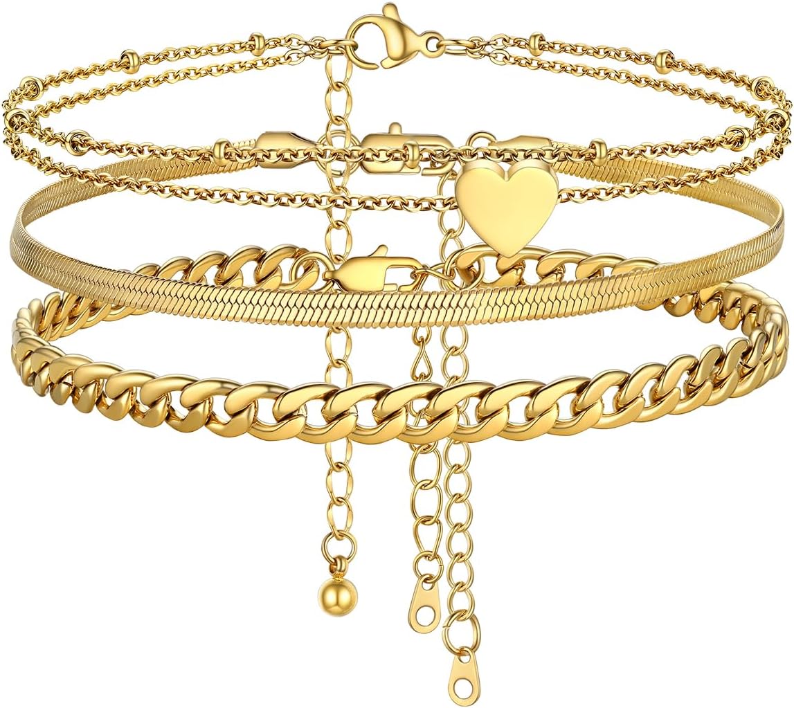 FOCALOOK Adjustable Layered Anklets for Women Summer Bracelets Waterproof Stainless Steel Ankle Bracelets Beach Foot Chains 8.5-10.5inch