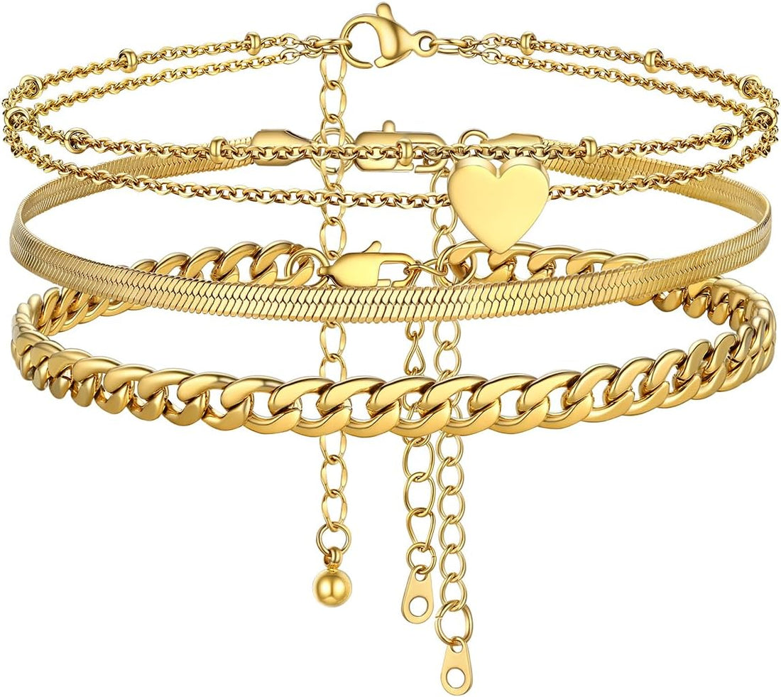 FOCALOOK Adjustable Layered Anklets for Women Summer Bracelets Waterproof Stainless Steel Ankle Bracelets Beach Foot Chains 8.5-10.5inch