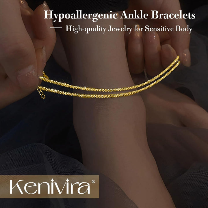 Kenivira Anklets for Women, Dainty Layered Waterproof Adjustable Anklet Set, Beaded Rope Link Beach Ankle Bracelets