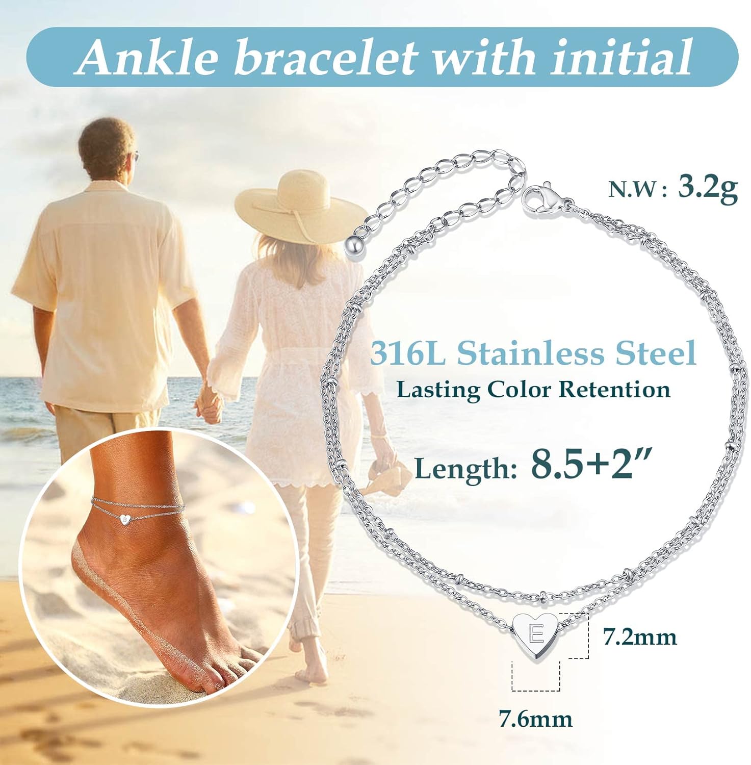 ChainsPro Women Initial Anklet, Heart Anklets for Women, A-Z Letter Ankle Bracelets Double-Layer, Adjustable Silver/Gold Plated Foot Chain Summer Beach