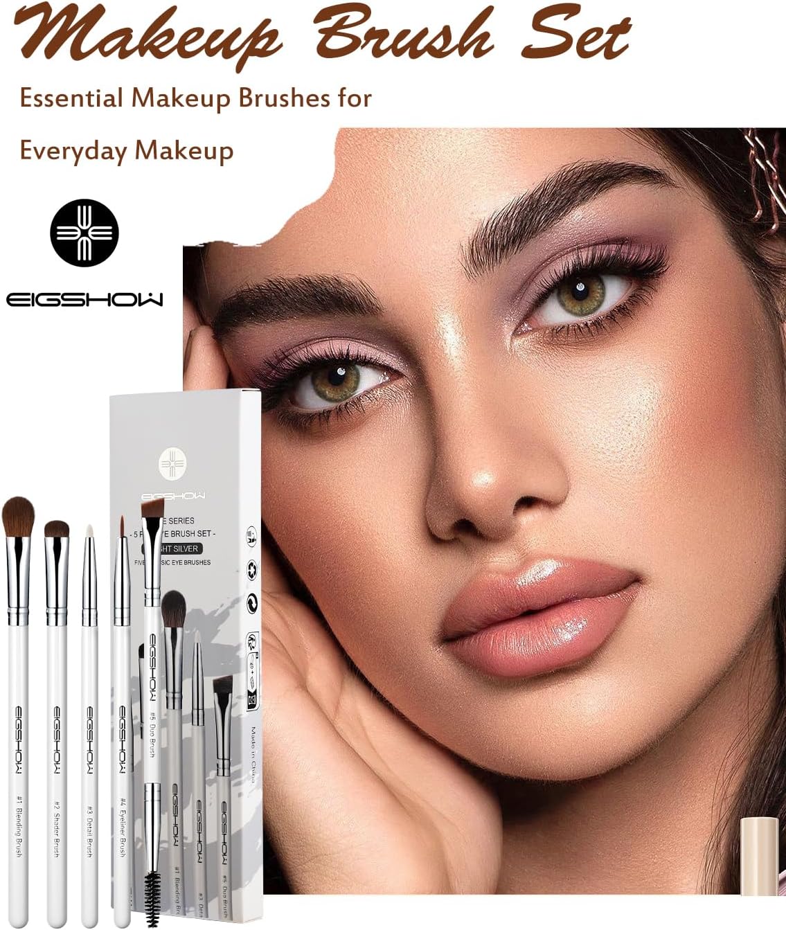 EIGSHOW 5 Pcs Eye Makeup Brush Set, Everyday Eye Essential Makeup Brushes with Blending, Eyeshadow, Detail, Eyeliner, Eyebrow Brushes(White)