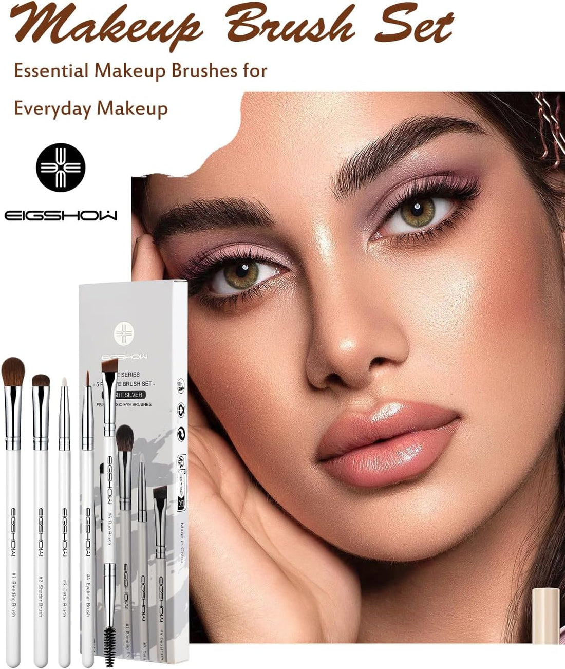 EIGSHOW 5 Pcs Eye Makeup Brush Set, Everyday Eye Essential Makeup Brushes with Blending, Eyeshadow, Detail, Eyeliner, Eyebrow Brushes(White)