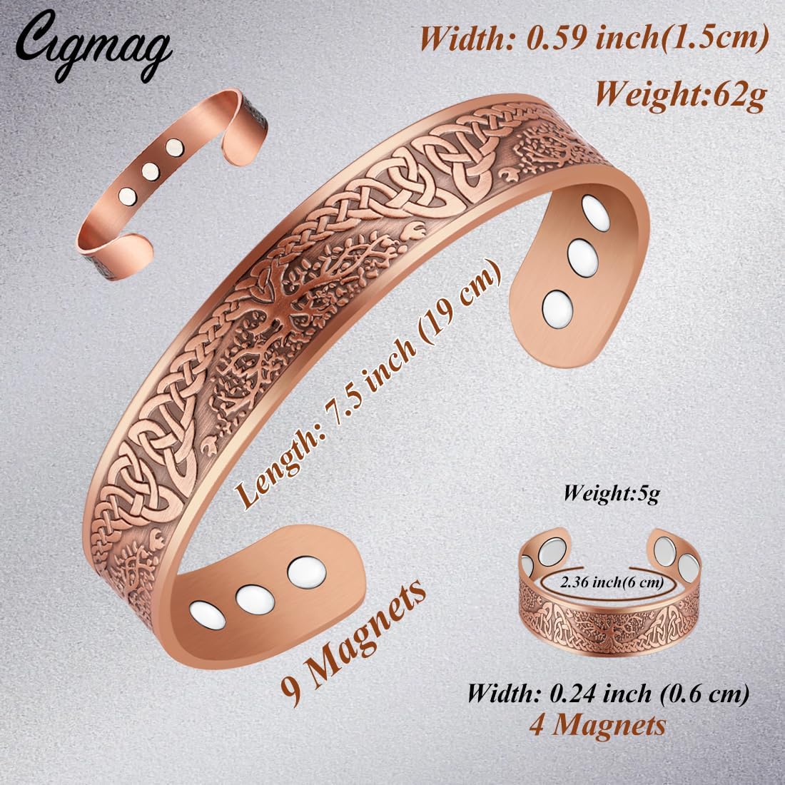 Cigmag 9X Lymphatic Drainage Copper Bracelet for men Ultra Strength Magnet Mens Copper Bracelet Adjustable with Present Box (Tree of Life)