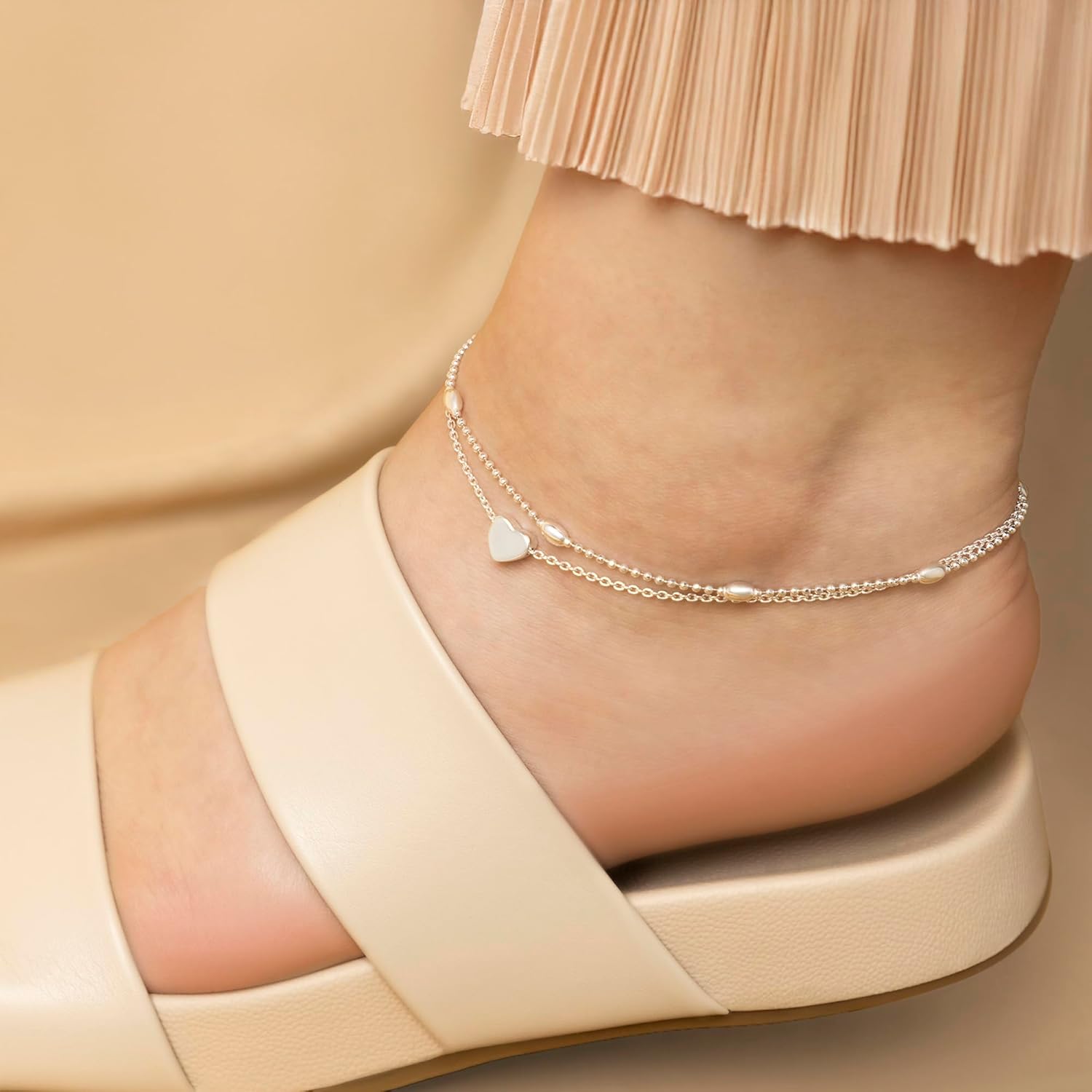Amberta Italian Sterling Silver Anklet for Women 925 | Adjustable Ankle Bracelets for Women Beaded Heart Summer Jewellery