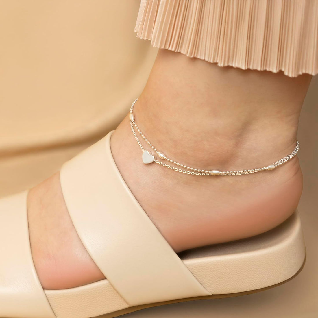 Amberta Italian Sterling Silver Anklet for Women 925 | Adjustable Ankle Bracelets for Women Beaded Heart Summer Jewellery