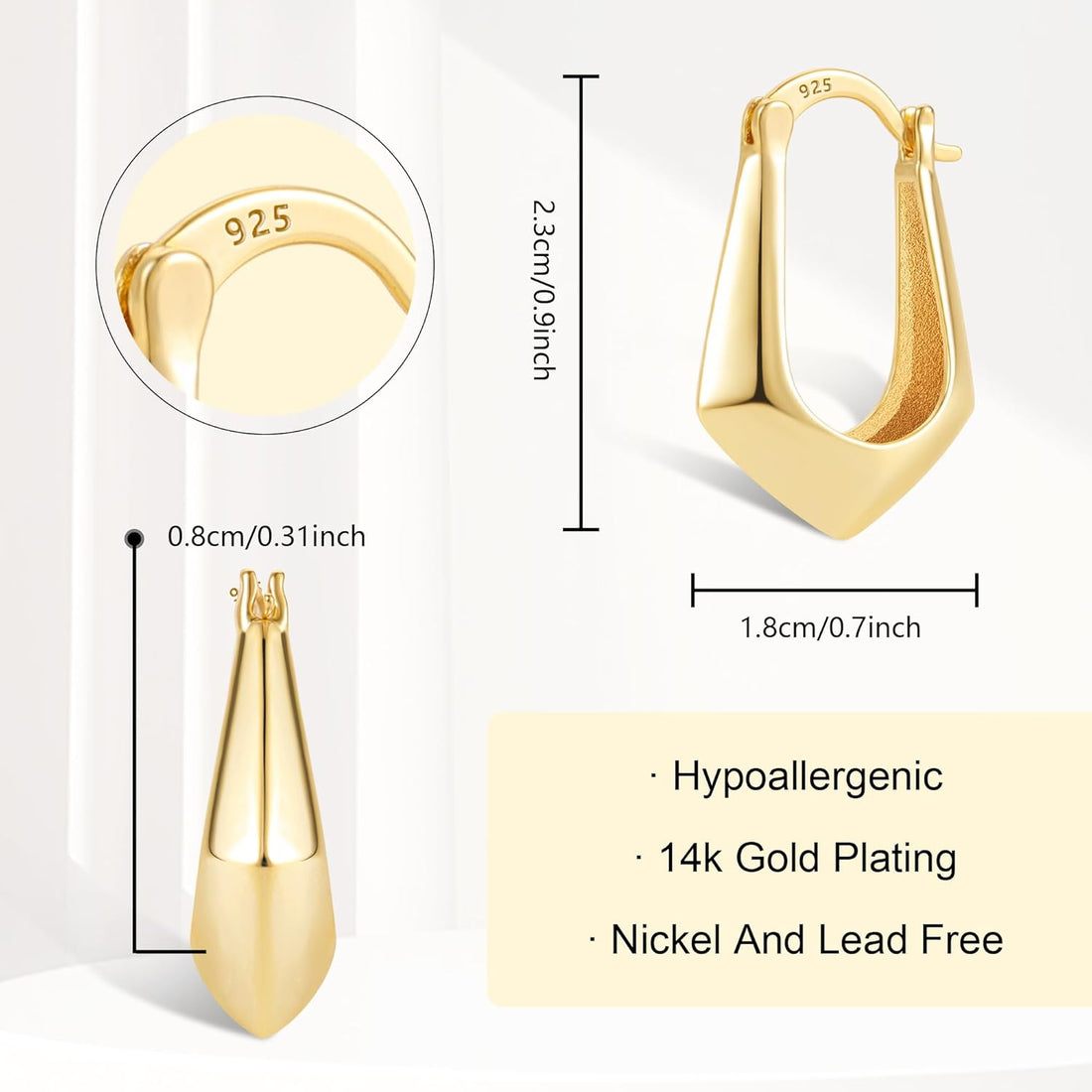 ALEXCRAFT Gold Silver Earrings Chunky Hoop for Women, Thick Silver Hoop Earrings Hypoallergenic 925 Sterling Silver Post Earrings Lightweight Large Earring Women Chunky Hoop Women Girls Jewelry Gift